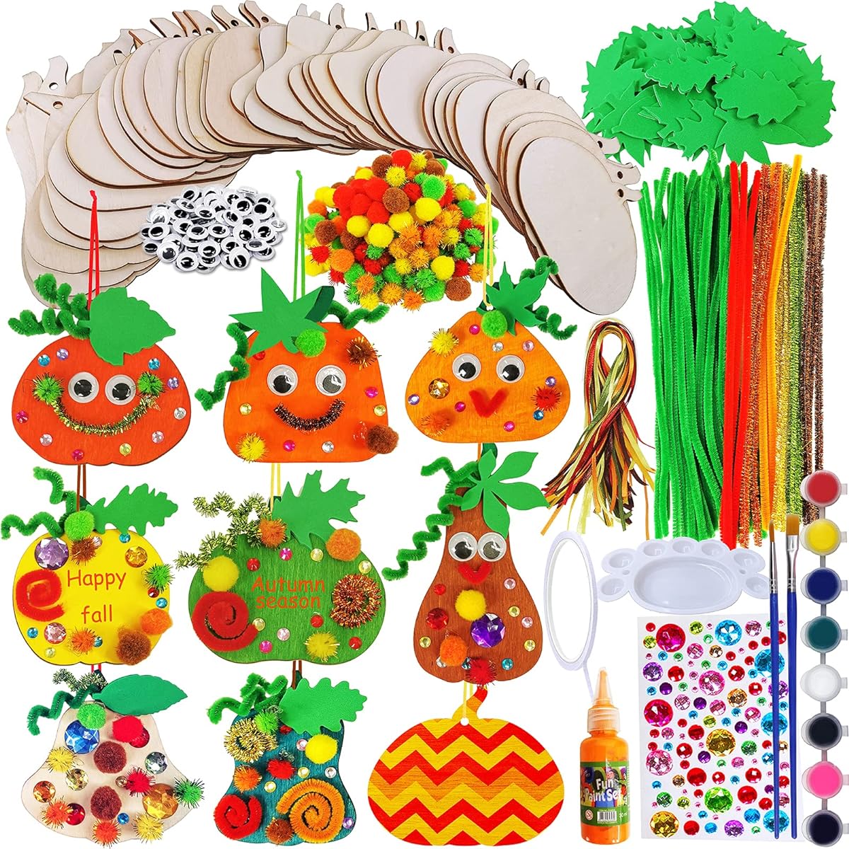 Winlyn 36pcs Fall Pumpkin Decorations DIY Pumpkin Squash Gourd Wooden Ornaments Craft Kit Paintable Unfinished Wooden Pumpkins Pom Poms Google Eyes for Kids Fall Halloween Thanksgiving Decor