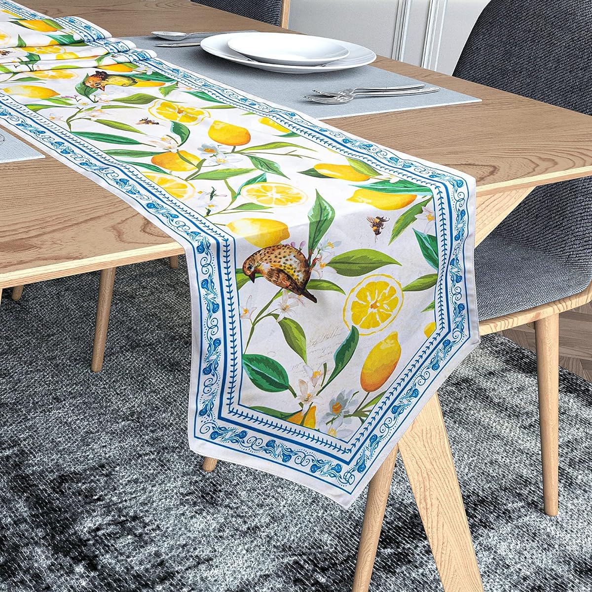 Lemon Table Runner 90 Inch Long Waterproof Dining Table Decoration for Home Party Kitchen Coffee Yellow Print Birds Bees Spring