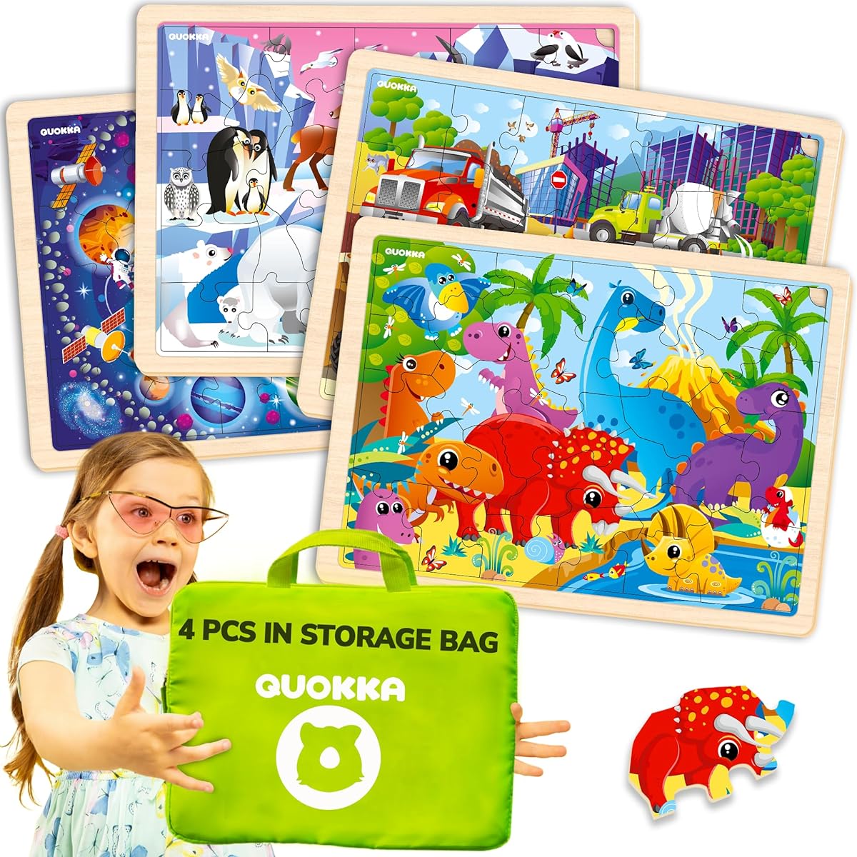QUOKKA 4 Set Puzzles for 4-6 Year Olds for Kids - 24 Piece Wooden Realistic Montessori Toddler Puzzles for 3-5 Year Olds - Animals, Dinosaurs, and Learning Games for Boys and Girls Ages 4-8