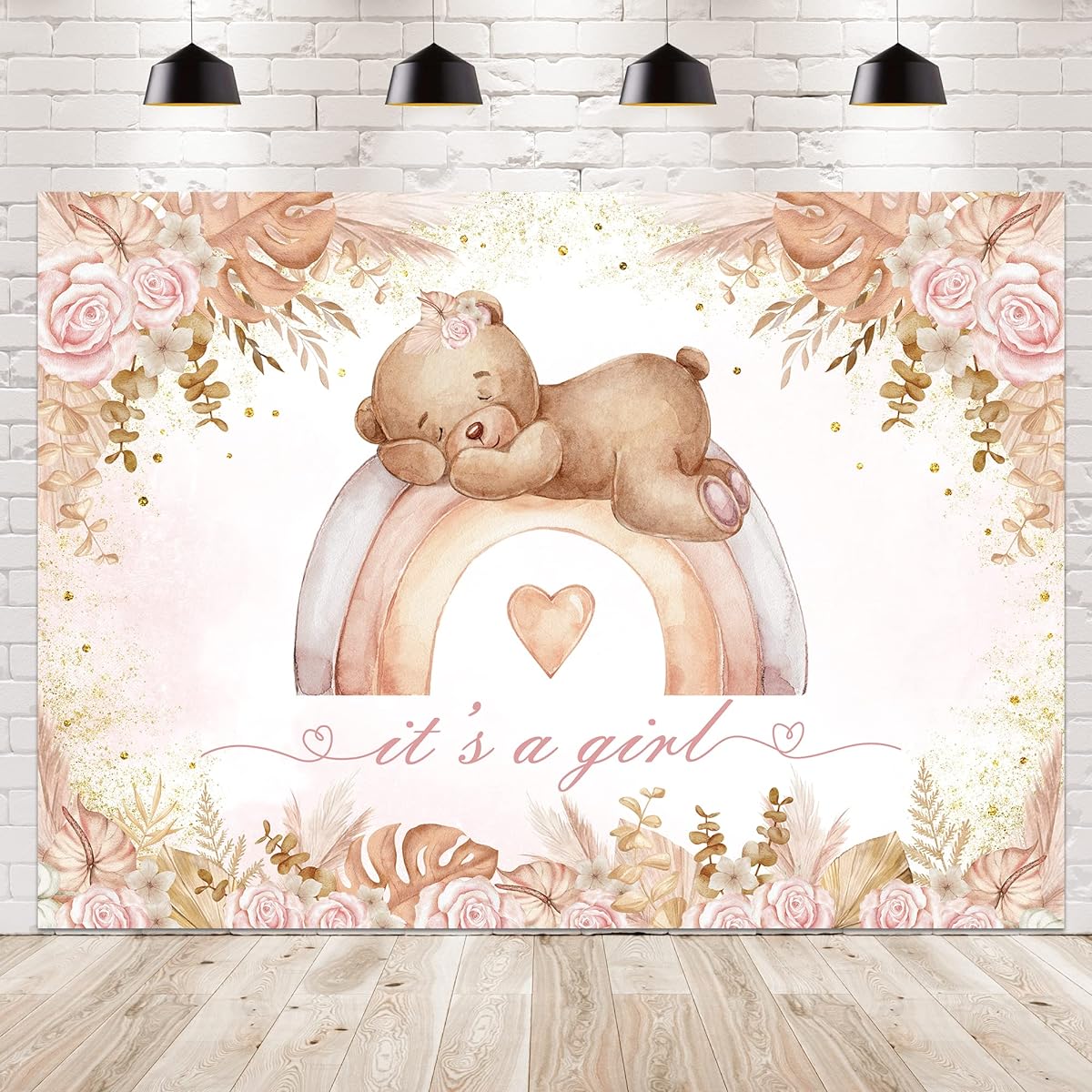 Newsely Boho Bear Baby Shower Backdrop 7W x 5H Photo Pastel Rainbow Pink Flower Pampas Grass Girl Backdrop Bohemian Lovely Party Decoration Banner Photo Booth Props Birthday Supplies