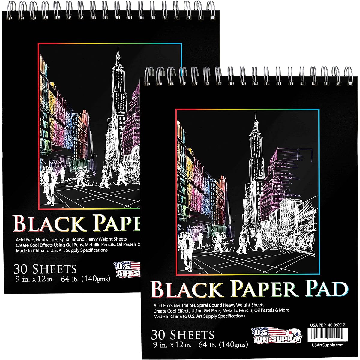 US Art Supply 9 in. x 12 in. Premium Black Heavyweight Paper Spiral Bound Sketch Pad, 140gsm, 64 Pound, 30 Sheets by US Art Supply