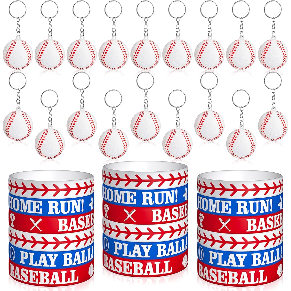 Dvbonike 36 Pieces Baseball Silicone Rubber Bracelets and Keychain Kit for Boys Teens Baseball Wristband Rubber Keychain Birthday Party Favor Sports Silicone Band School Reward Gift Filler