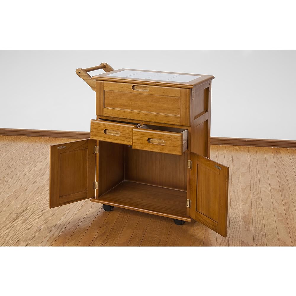 Otake Sangyo Kitchen Wagon with Casters Natural Wooden Top Plate Tile 60cm x 30cm x 72cm Paulownia Flap Type Kitchen Wagon Storage Rack Wagon with Casters Rack with Casters