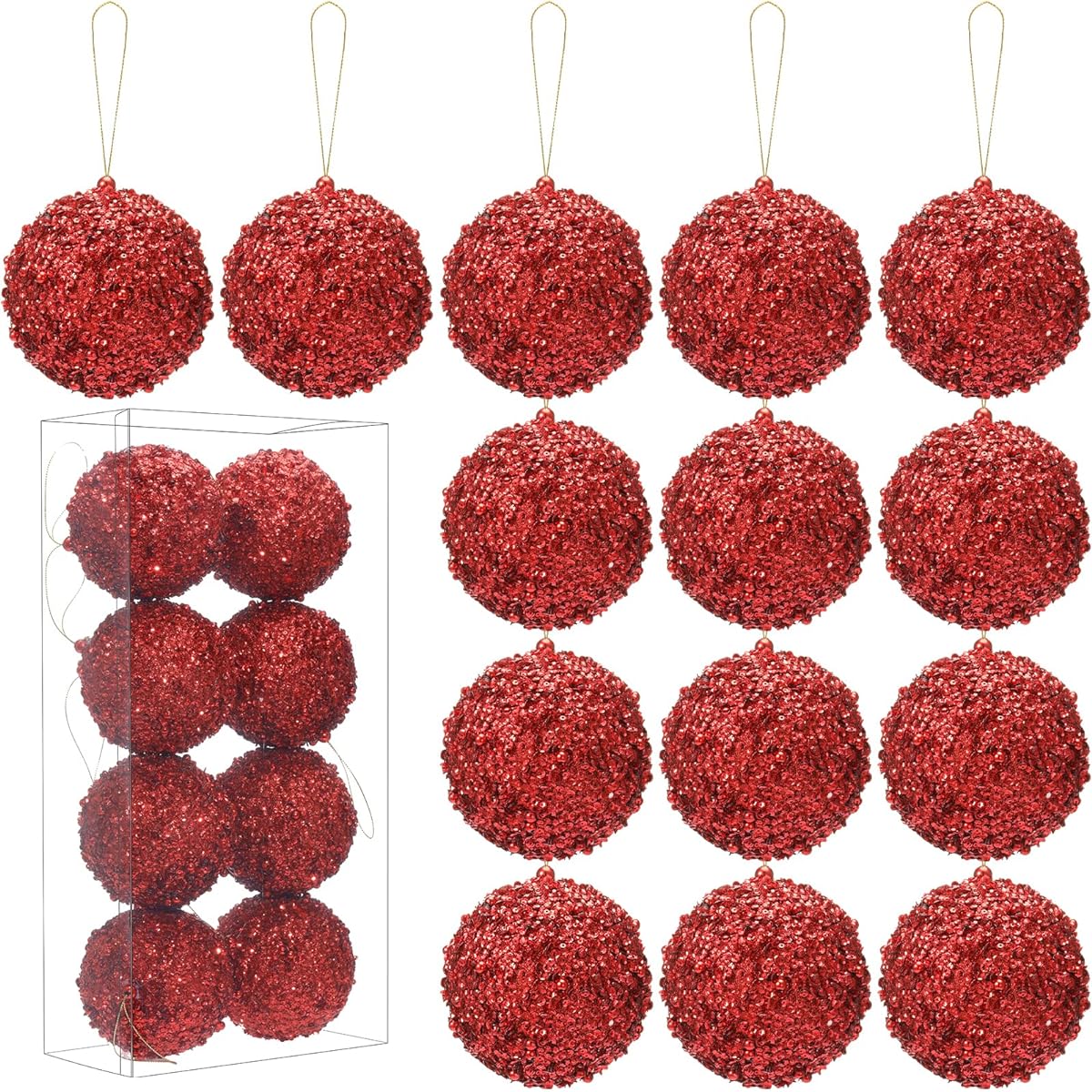 Syhood Set of 16 4.25" Large Christmas Ball Ornaments Christmas Tree Ornaments Sparkly Sequins Foam Ornaments Festival Hanging Christmas Decorations Tree Balls for Christmas Party (Red)