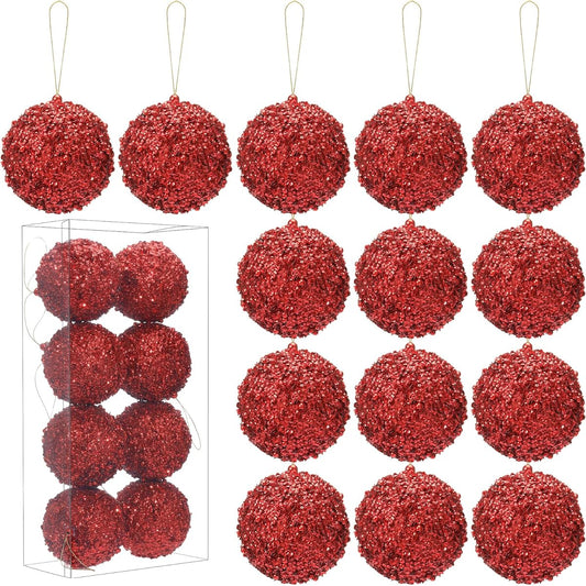 Syhood Set of 16 4.25" Large Christmas Ball Ornaments Christmas Tree Ornaments Sparkly Sequins Foam Ornaments Festival Hanging Christmas Decorations Tree Balls for Christmas Party (Red)