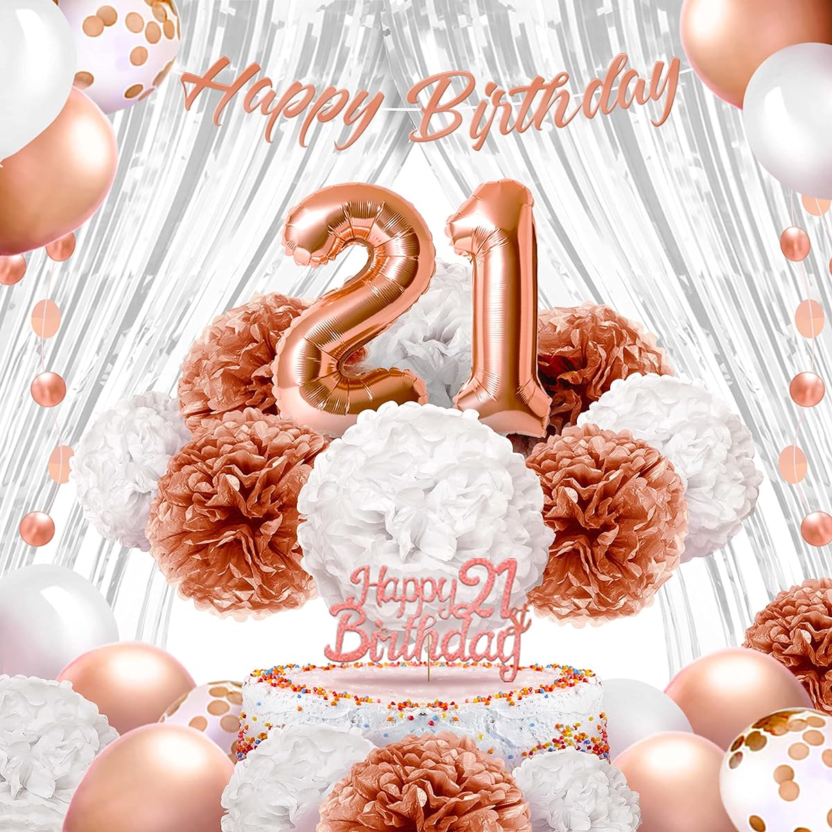 EPIQUEONE Happy Birthday Banner, Tassel Garland, Latex Balloons, Confetti Balloons, Tissue Paper Pom|Rose Gold 21st Birthday