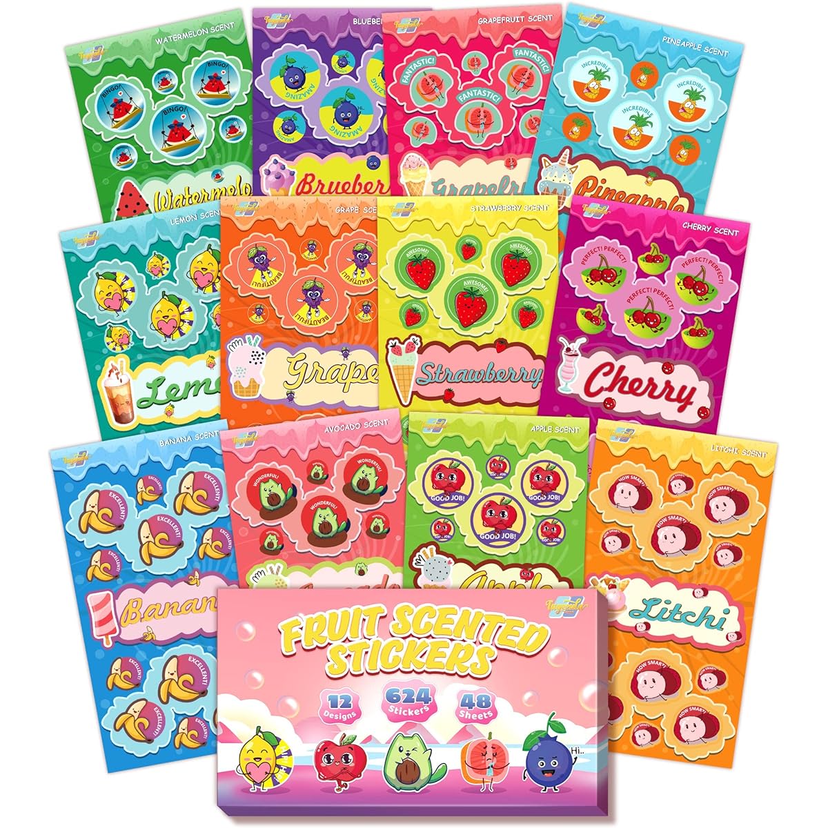 Tageenla Scratch & Sniff Stickers, 48 Pieces, Super Scent Stickers for Kids, Great Rewards for Students & Teachers, Christmas Gifts, 12 Different Designs & Fruit Scents
