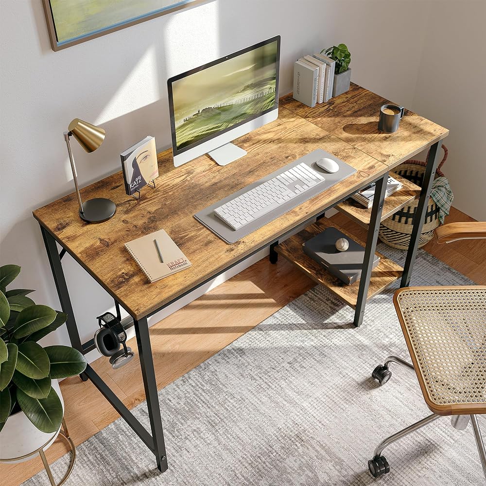 CubiCubi Computer Desk Study Desk Width 100cm x Depth 48cm Gaming Desk with Rack Desk Work Desk Study Desk Living Alone Home Work Desk PC Desk Stylish Brown