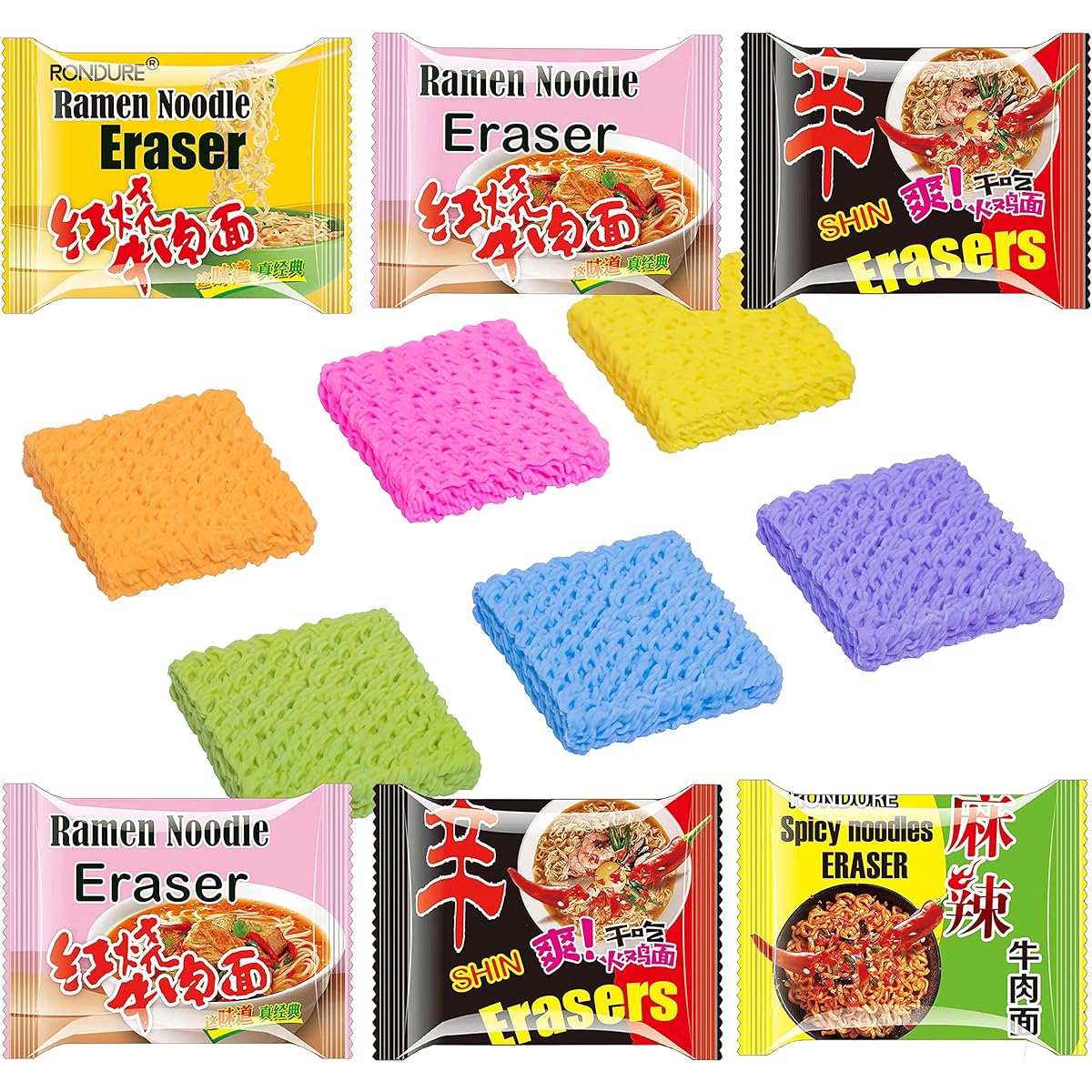 RONDURE Cute Erasers for Kids Mini Food Erasers Bulk 16 Pack Spicy Ramen Erasers for Student/Classroom Rewards