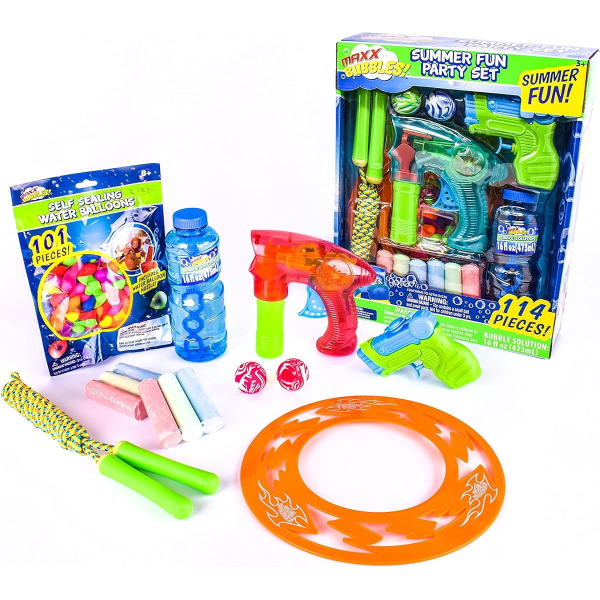 Sunny Days Entertainment Summer Party Set - 114 Pieces Includes Jump Rope, Bubble Blaster, 16oz Bubble Bottle, Squirt Gun, Water Balloons, and More.