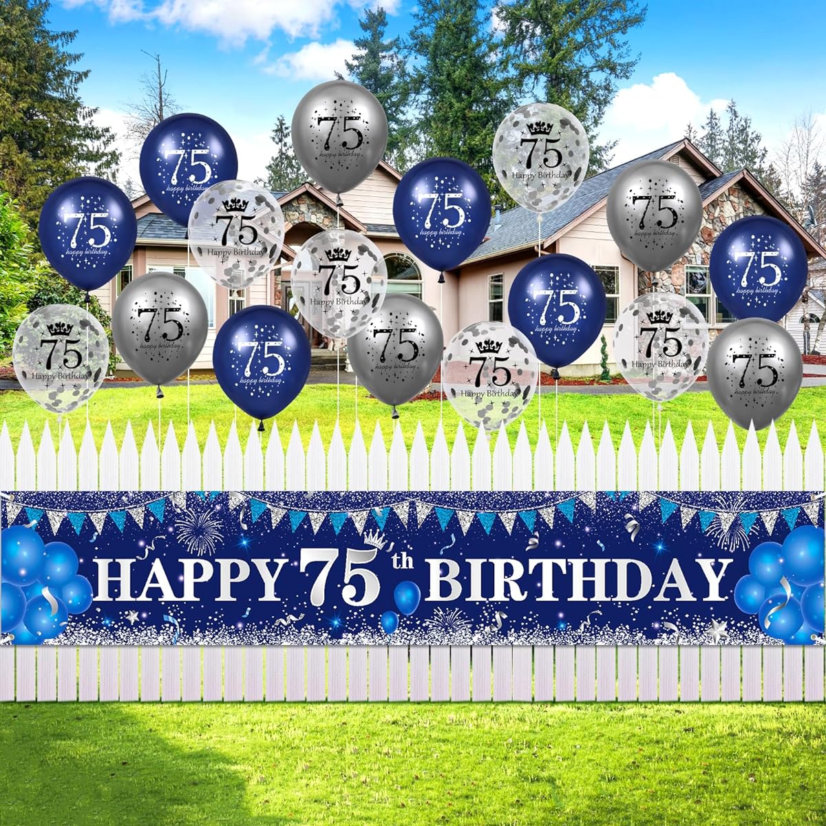 Blue 75th Birthday Decorations Unisex Navy Blue Silver Happy 75th Birthday Yard Banner Blue 75th Birthday Balloons 75th Birthday/Anniversary/Party Decorations Supplies