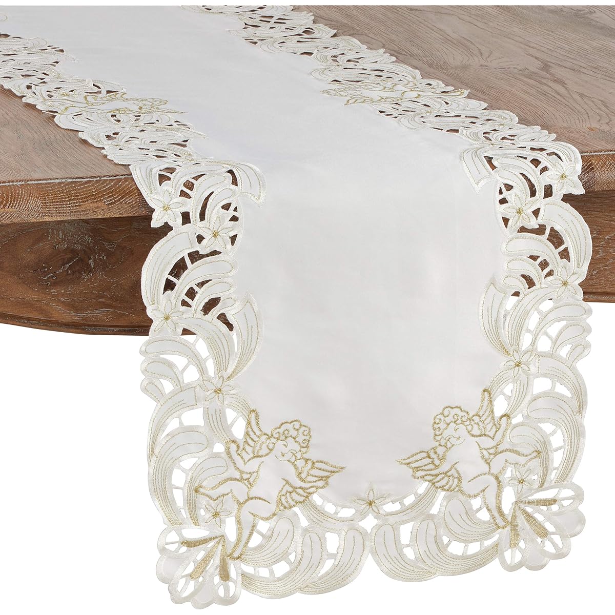 SARO LIFESTYLE Cupidon Collection Embroidered Cupid Design Table Runner 15" x 54", Ivory