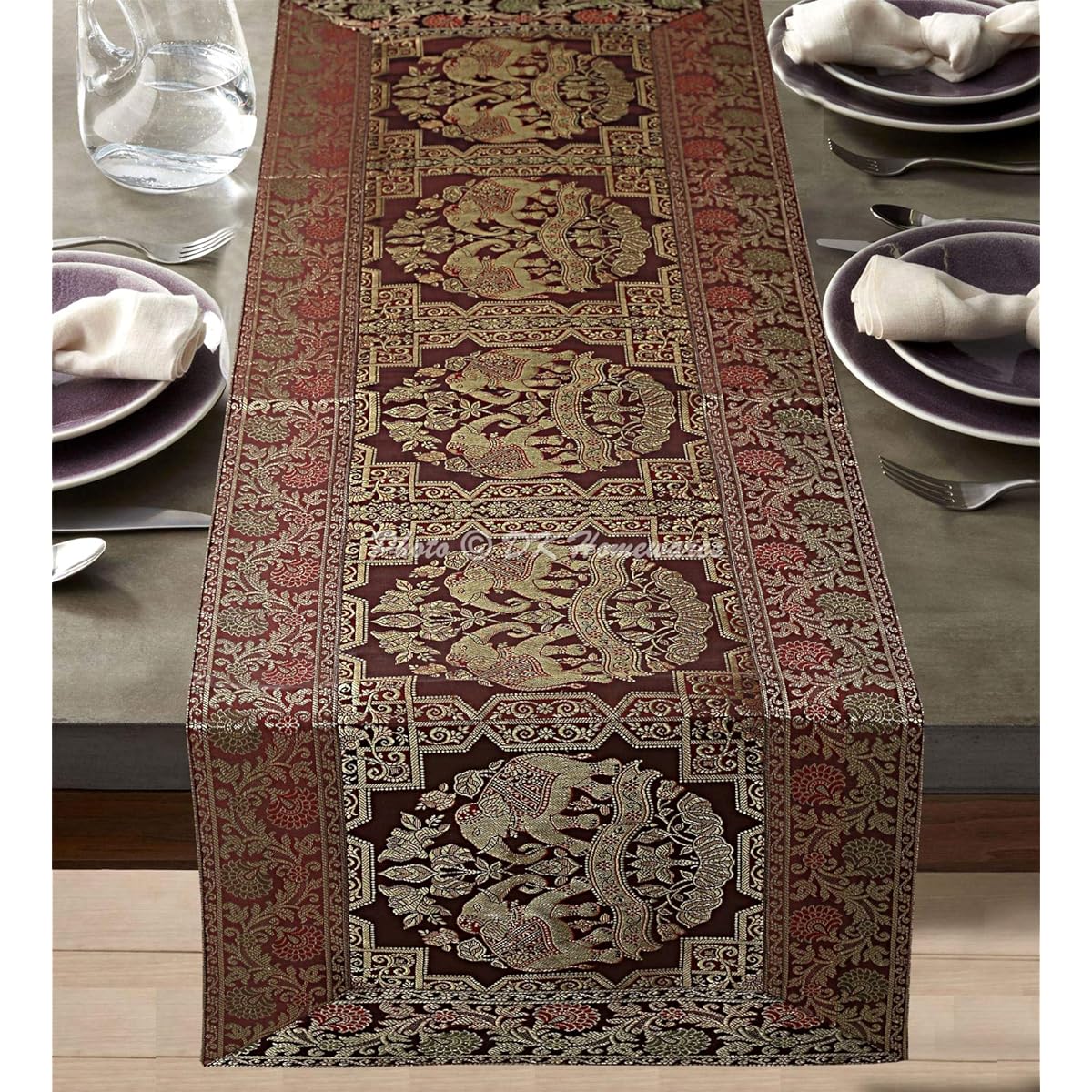 DK Homewares Traditional Christmas Party Home Decoration Brocade Centerpiece Coffee Gold 60 x 16 Inch Jacquard Elephant 5ft Table Runner (150 x 40 cm)