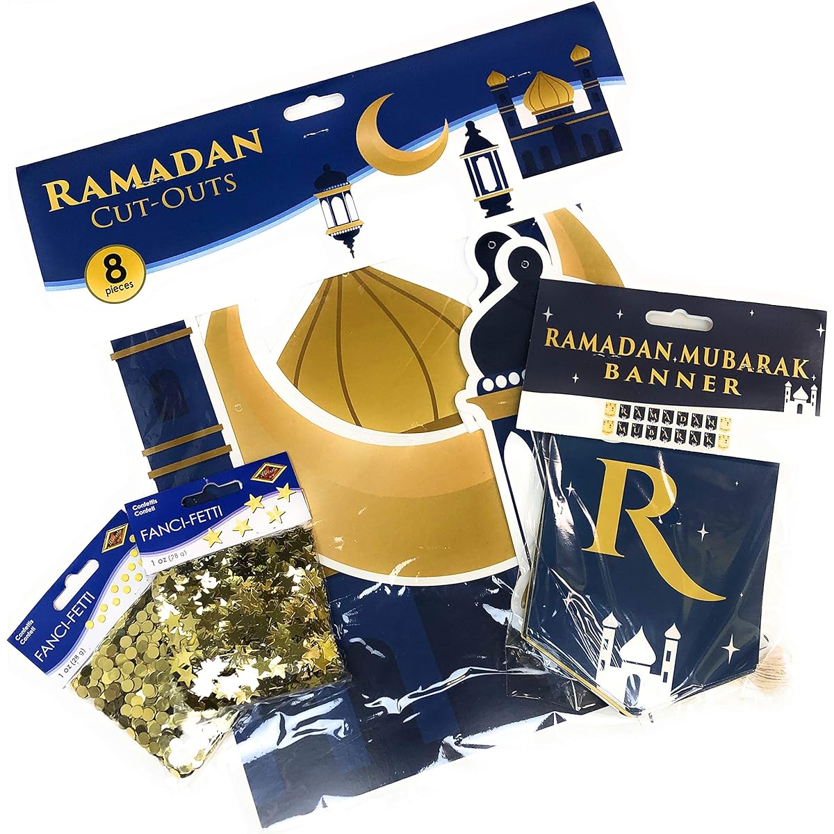 Ramadan Decorations for Home Bundle - 4 Items Ramadan Mubarak Banner Lantern Mosque Moon Cutout Gold Star & Gold Circle Confetti