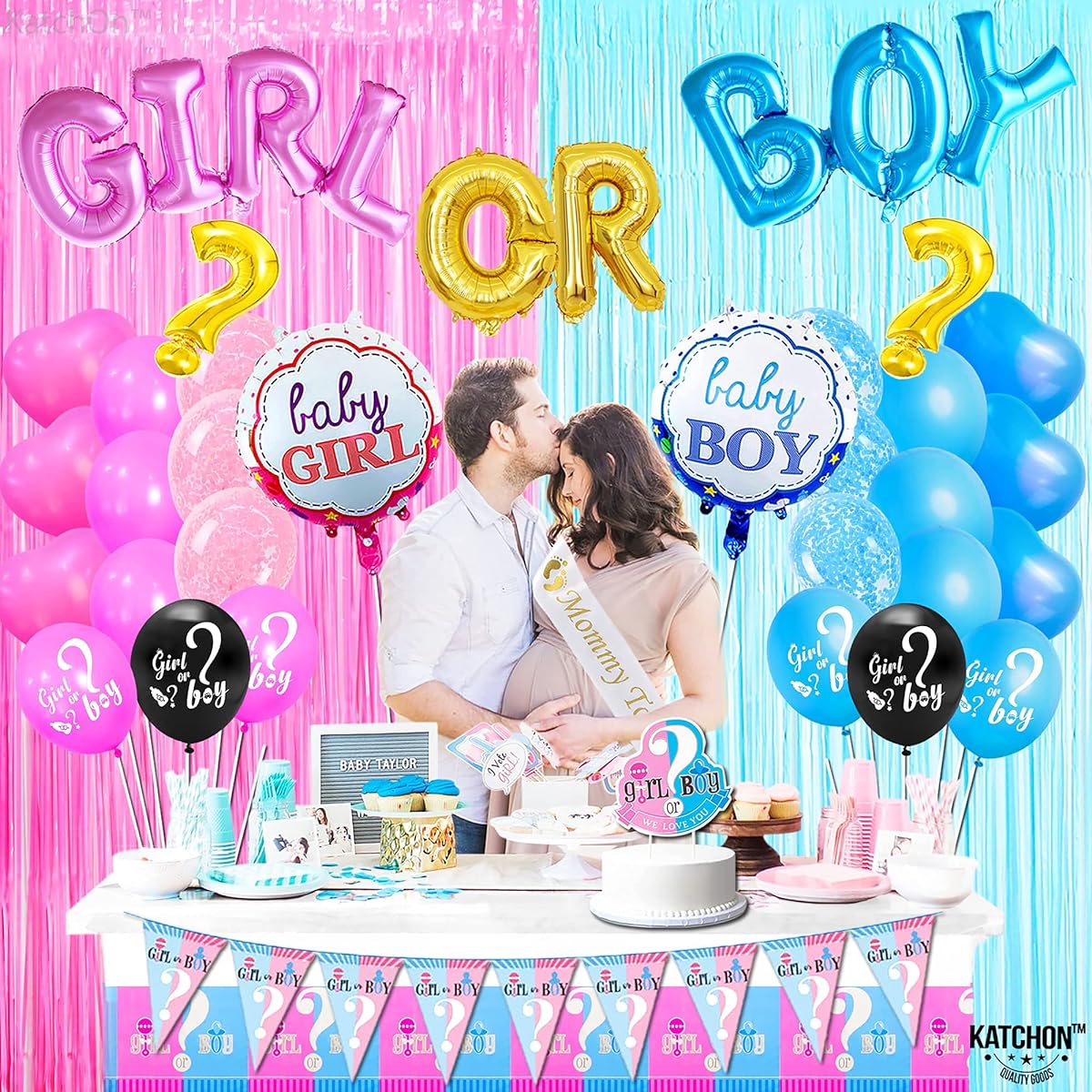 Baby Gender Reveal Party Supplies Kit - 150 Pack of All Premium Items | Pink and Blue Fringe Curtains | Banners, Balloons, Cake Topper, Photo Props, Backdrop, Tablecloth, Sash, Stickers, Swirls and More!