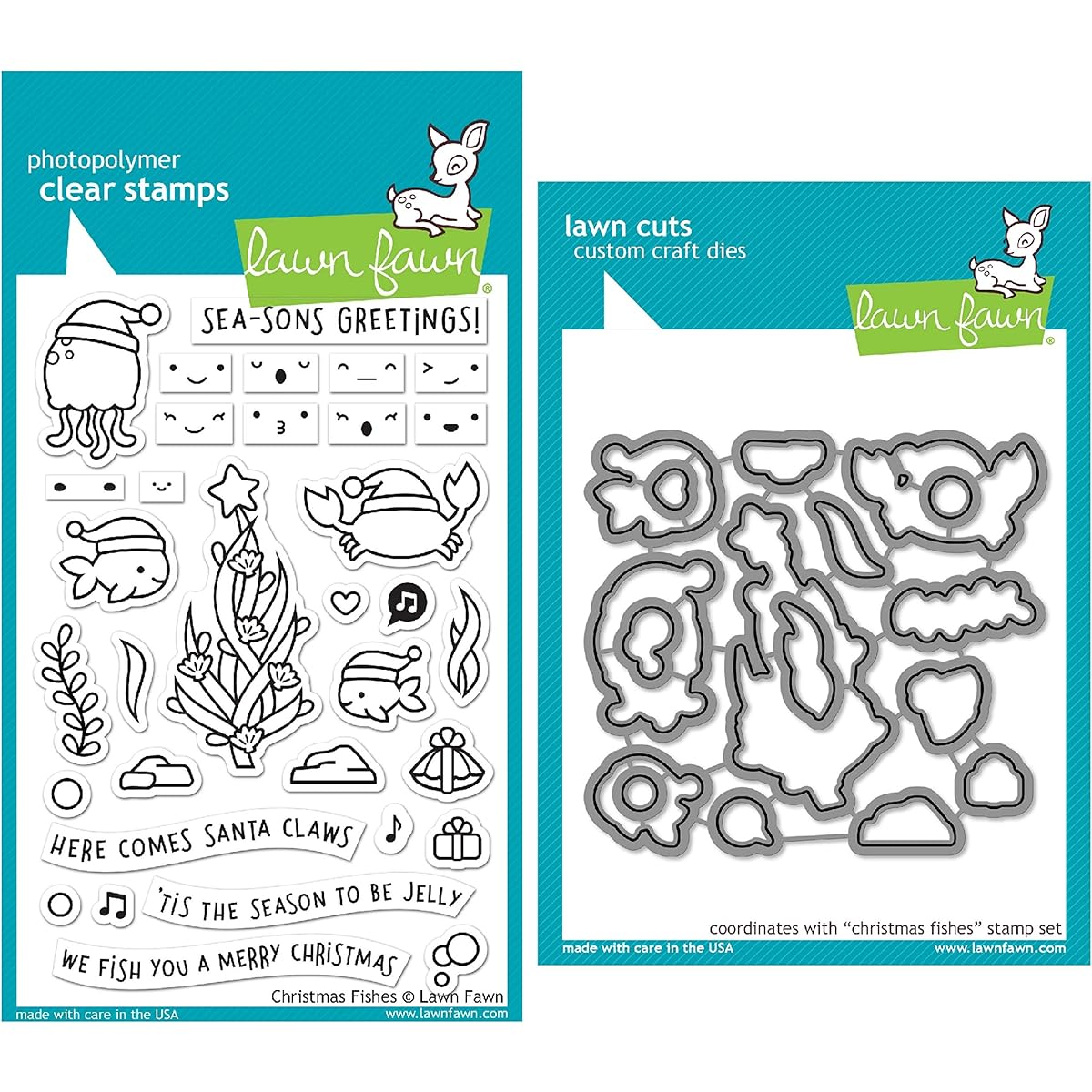 Lawn Fawn Christmas Fishes Clear Stamp and Coordinating Die Set, Set of 2 (LF2024 LF2025)