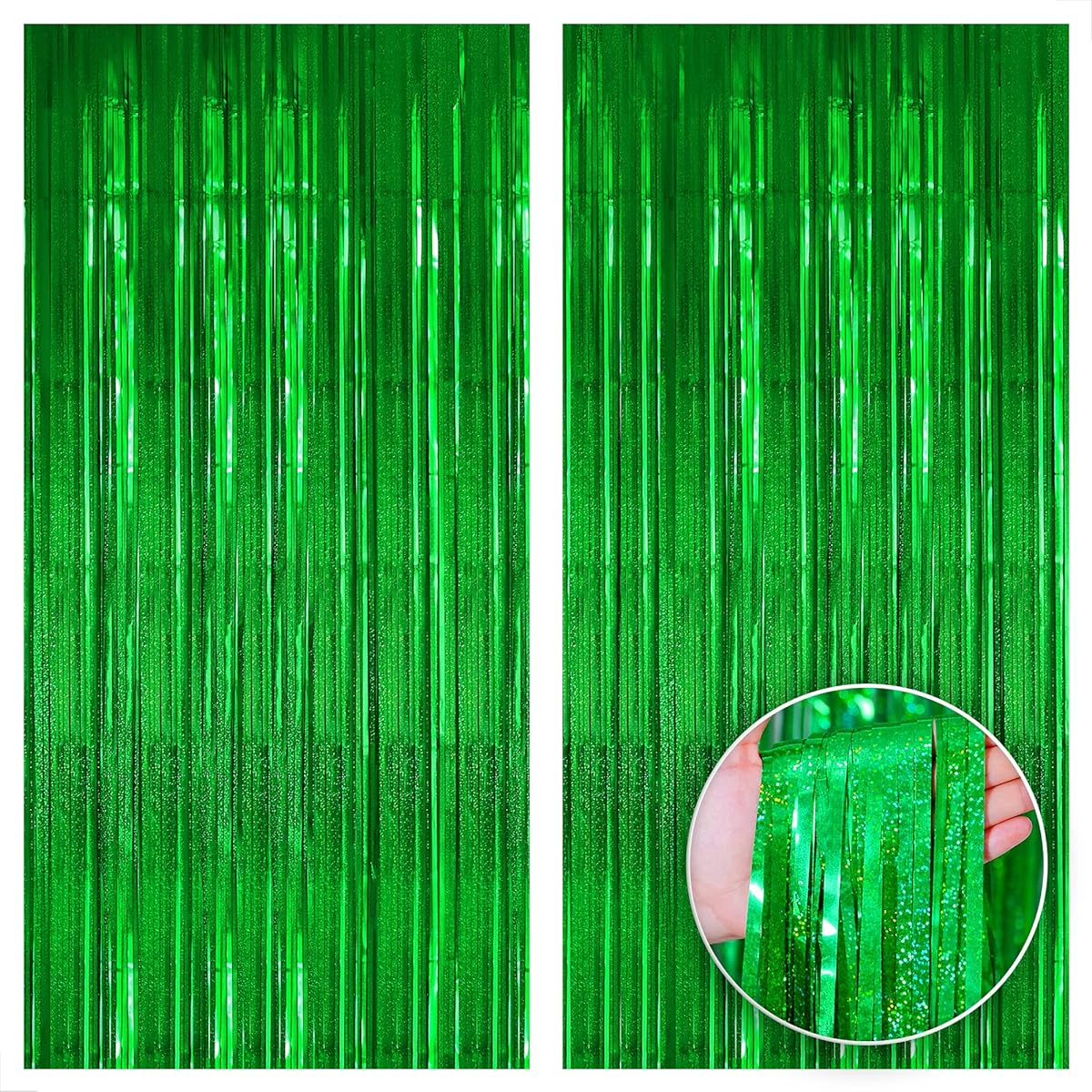 KatchOn Iridescent Green Streamer Backdrop - 6.4x8ft Set of 2 | Green Birthday Decorations | Green Backdrop Jungle Party Decorations | Green Door Streamer Green Door Streamer for Party Decorations