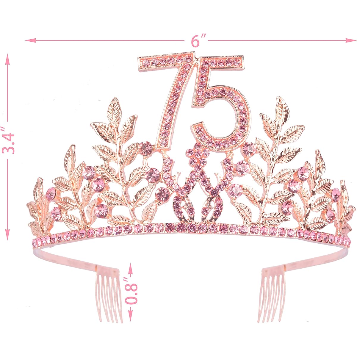 75th Birthday Sash and Tiara for Women - Fabulous Glitter Sash + Leaf Rhinestone Pink Premium Metal Tiara for Her 75th Birthday Gifts, Celebrate 75 Years Old