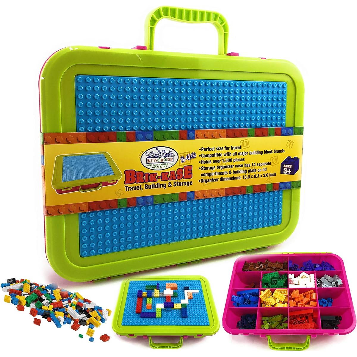Matty's Toy Stop Brik-Kase 2-GO 13" Travel Building Storage Organizer Container Case with Building Plate Lid (Holds Approx. 1,500 Pieces) - Fits All Major Brands (Pink, Lime, Aqua)