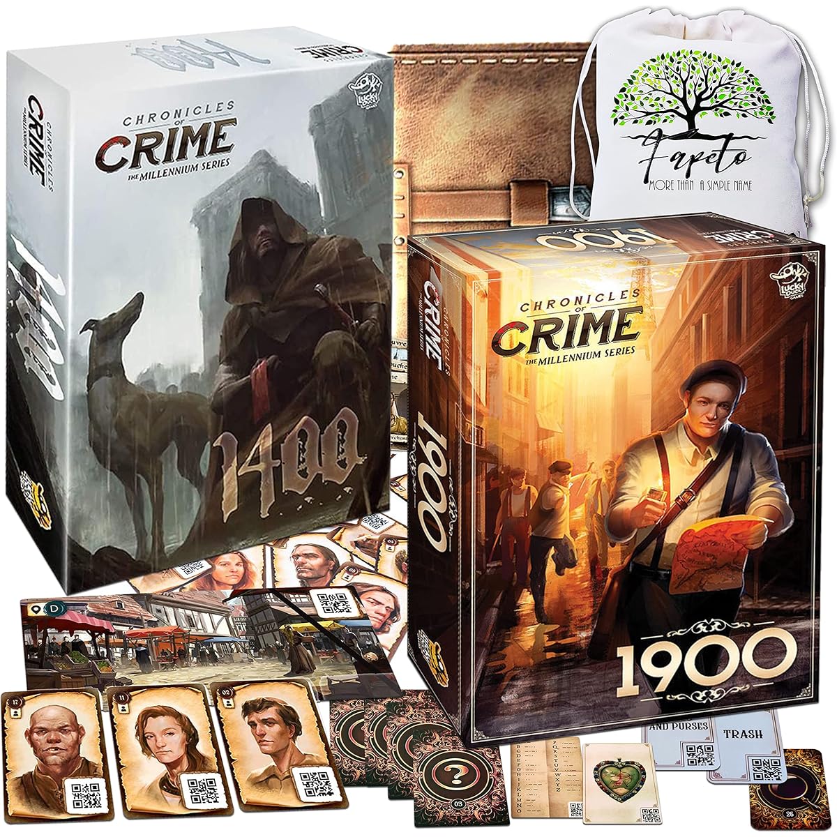 Chronicles of Crime Millennium Series 1400 and 1900 Board Game Set with Random Color Drawstring Bag