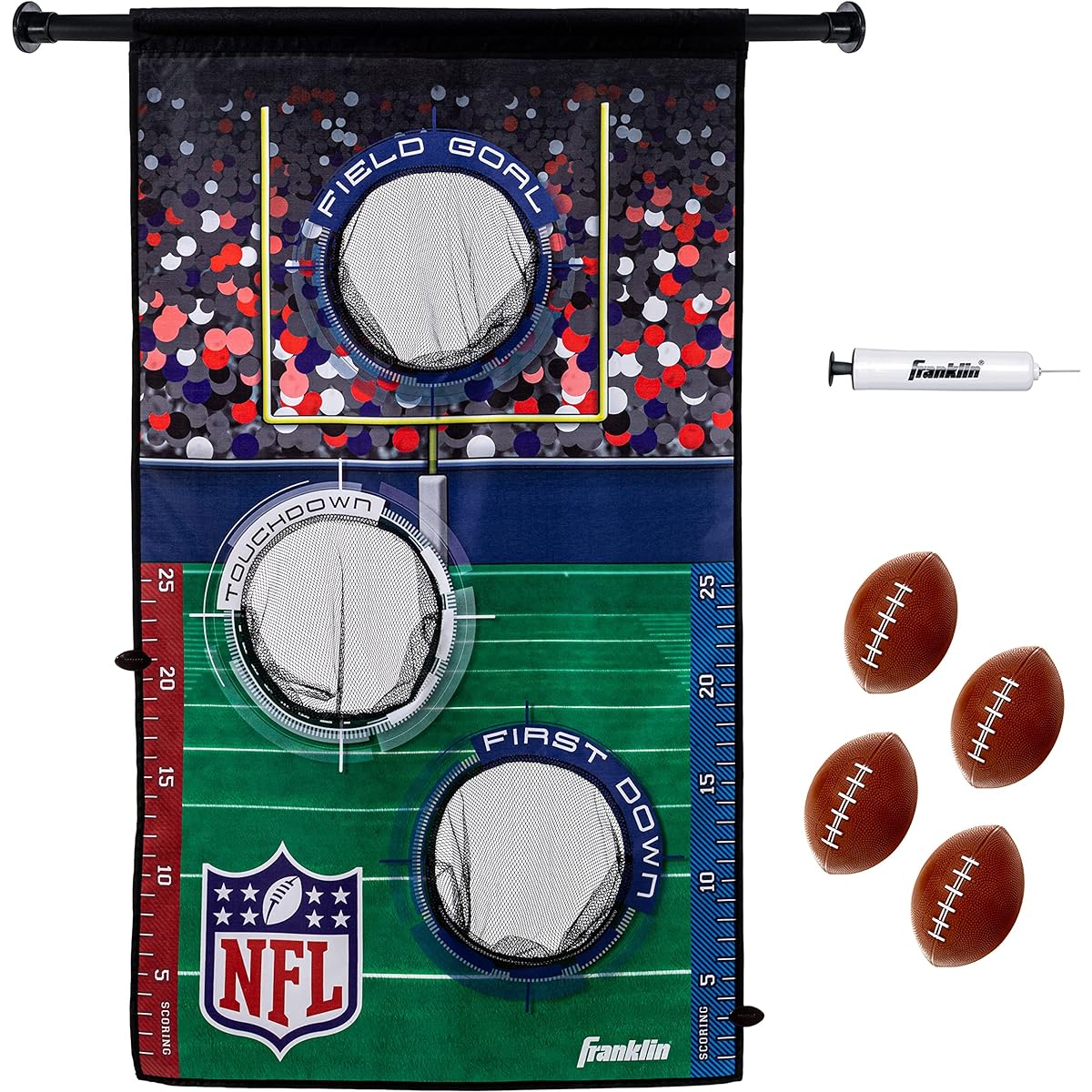 Franklin Sports NFL Mini Football Toss Target Game - NFL Door Jam Football Target for Over the Door + (4) Mini Football Set - 3 Hole Football Toss Game for All Ages - Passing Practice + Aiming