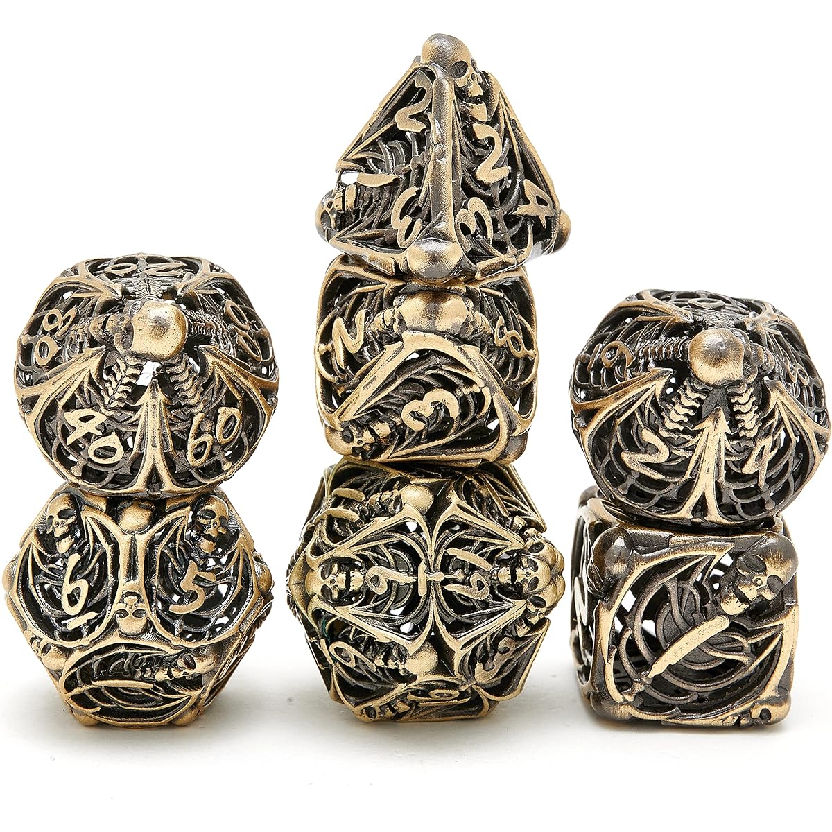 Xinwangda 7 Piece Metal Dice Set DND Game Polyhedral Hollow Metal D&D Dice Set Gift Metal Box Great for Role Playing Games, Dungeons, Dragons, Education (Ancient Bronze-2)