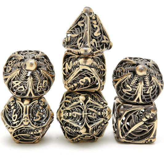 Xinwangda 7 Piece Metal Dice Set DND Game Polyhedral Hollow Metal D&D Dice Set Gift Metal Box Great for Role Playing Games, Dungeons, Dragons, Education (Ancient Bronze-2)