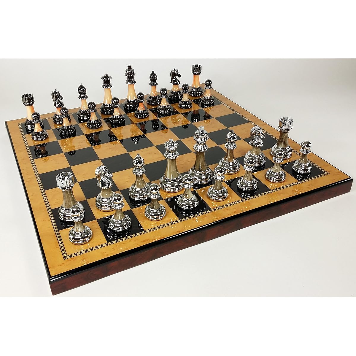 Staunton Chrome & Black Chess Men's Set W 18" Gloss Walnut and Birdseye Maple Color Board