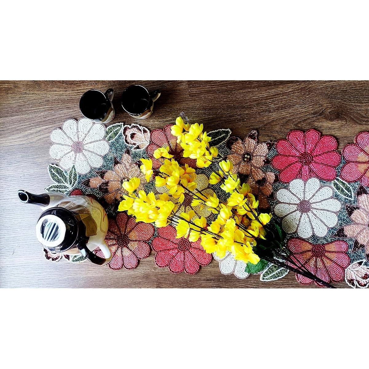 Handmade beaded table runner with floral pattern