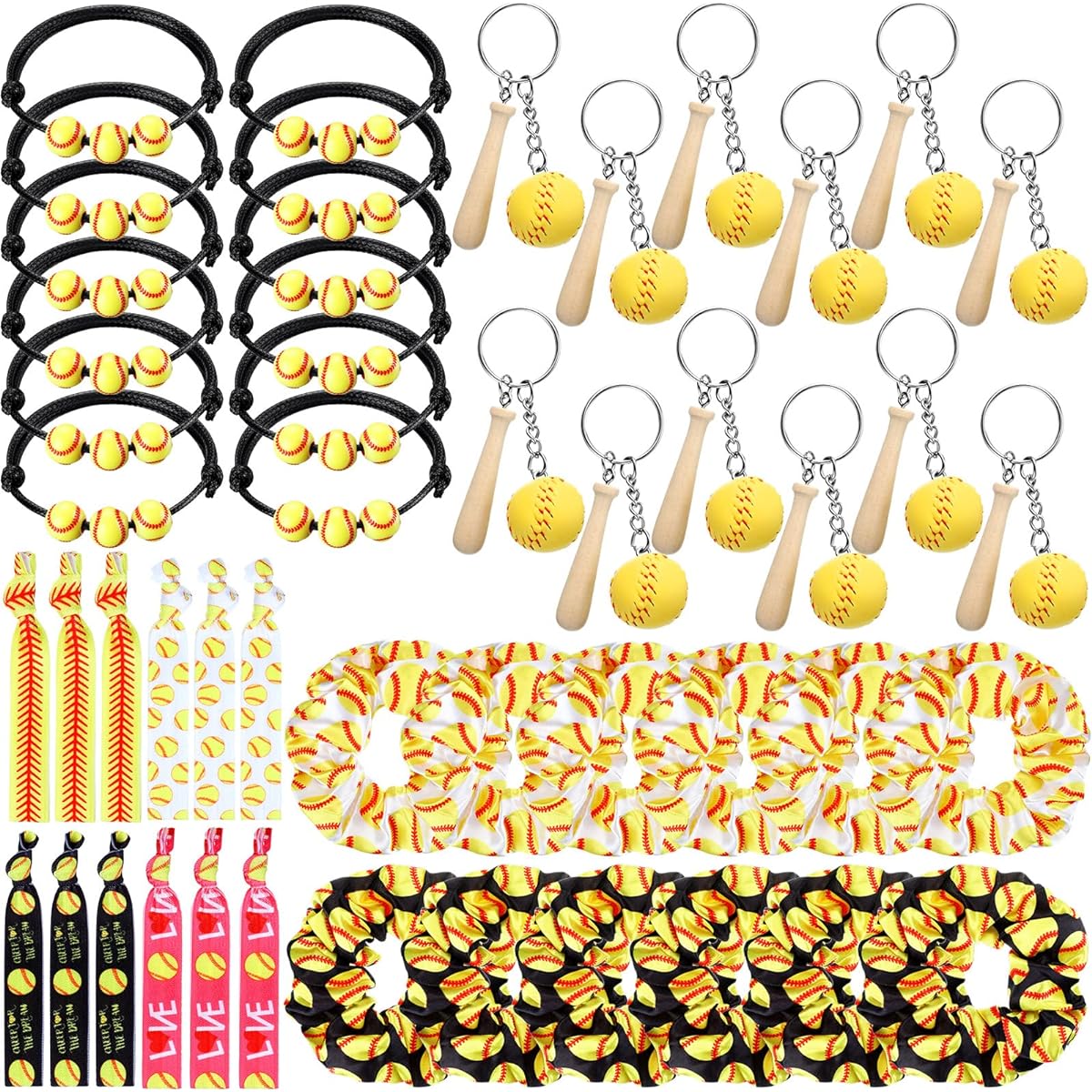 48 Piece Softball Party Favors Set - 12 Softball Key Chains, 12 Softball Hair Ties, 12 Softball Sports Hair Scrunchies, 12 Softball Charm Bracelets for Women and Girls Sports Birthday Party Decorations