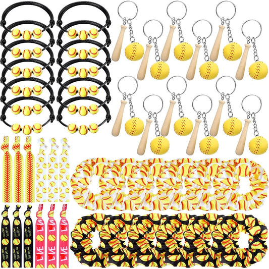 48 Piece Softball Party Favors Set - 12 Softball Key Chains, 12 Softball Hair Ties, 12 Softball Sports Hair Scrunchies, 12 Softball Charm Bracelets for Women and Girls Sports Birthday Party Decorations