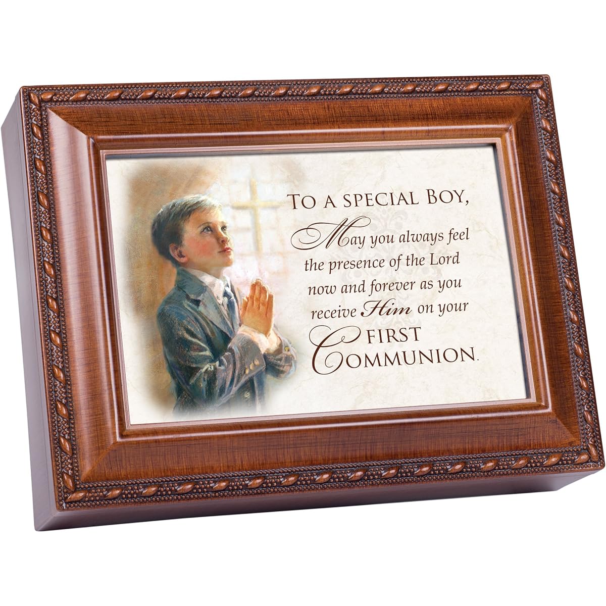 First Communion Special Boy Wood Finish Jewelry Music Box Plays We Have a Friend in Jesus