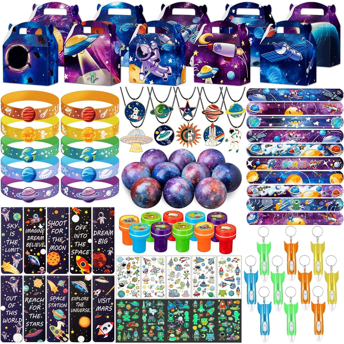 DMIGHT Space Party Favors, 90pcs Outer Space Themed Birthday Decorations, Stress Balls, Glow in the Dark Tattoos, Bracelets, Astronaut Keychains, Slap Bracelets, Stamps, Necklaces, Bookmarks, Gift Box for Kids