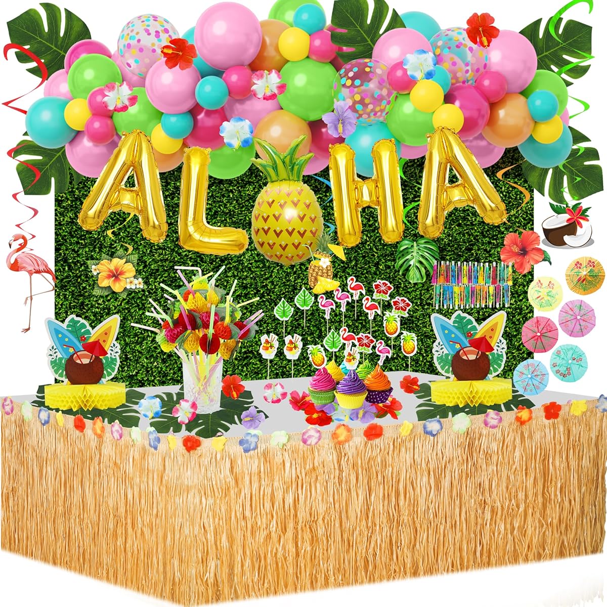 Hawaiian Aloha Luau Party Decorations 136pcs Tropical Summer Beach Birthday Supplies Grass Table Skirt Hanging Swirls Aloha Balloons Garland Honeycomb Centerpieces Hibiscus Palm Leaves Straws Cake Topper