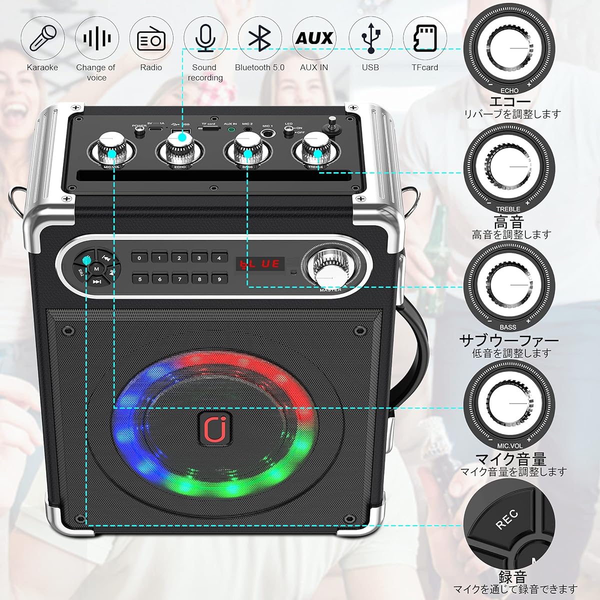 ophones, Bluetooth 5.0 Compatible, Treble and Bass Enhancement Function, Rechargeable, Portable, Suitable for Home Parties, Karaoke, Street Speeches, Meetings, School Events, Seminars, Outdoors, Disaster Prevention, Street Live Performances, Events, etc.