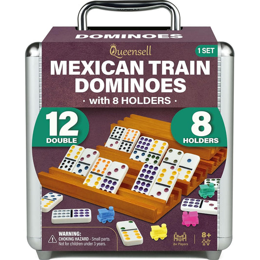 Queensell Mexican Train Domino Set Double 12 with 8 Holders Mexican Train Double 12 Domino Set with Colored Dots and 8 Holders