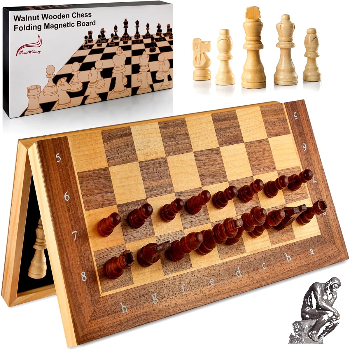 Magnetic Chess Set - 15" Walnut Veneer Folding Chess Game with Handcrafted Chess Pieces - Chess Board for Travel or Home, Beginner or Advanced Players, Tournament Ready, Alphanumeric Positions & Extra Queen