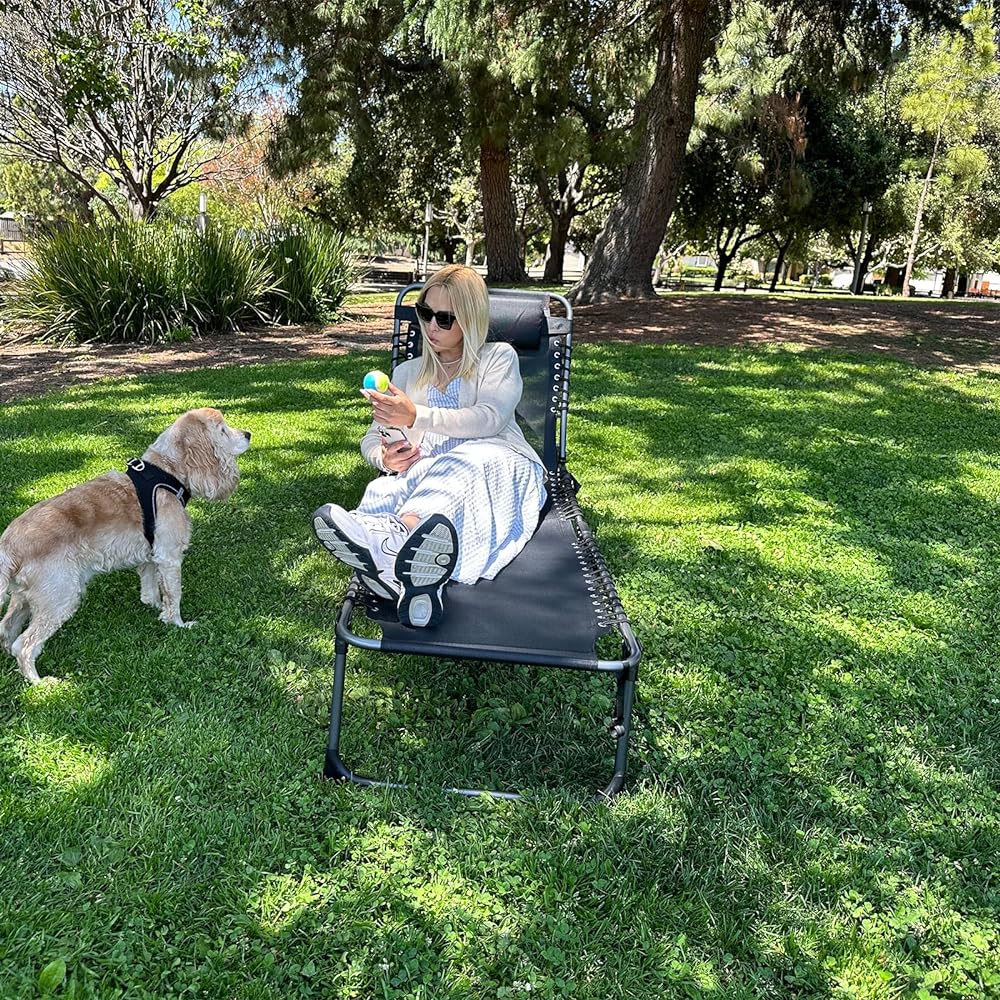 FUNDANGO Outdoor Chaise Lounge Chair 5 Adjustable Folding Chaise Lounge for Lawn/Patio/Beach/Sunbathing/Deck Portable Heavy Duty Camping Recliner with Pillow Khaki
