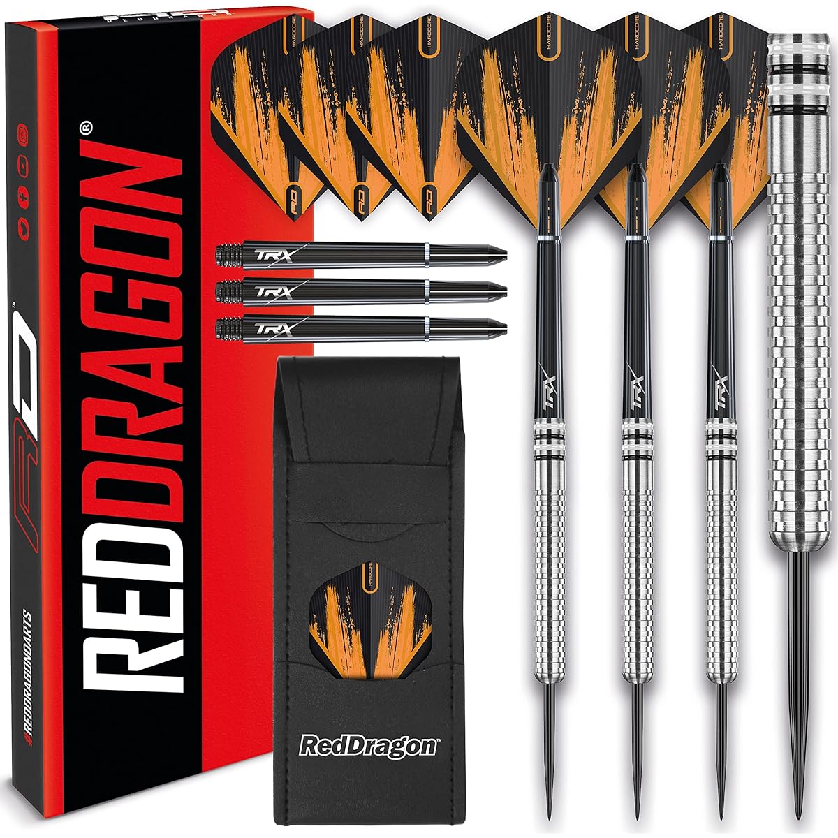 RED DRAGON Raider Series: 23 Gram Steel Tip Tungsten Darts Set - Professional Darts with Shafts (Stems), Flights and Checkout Card.