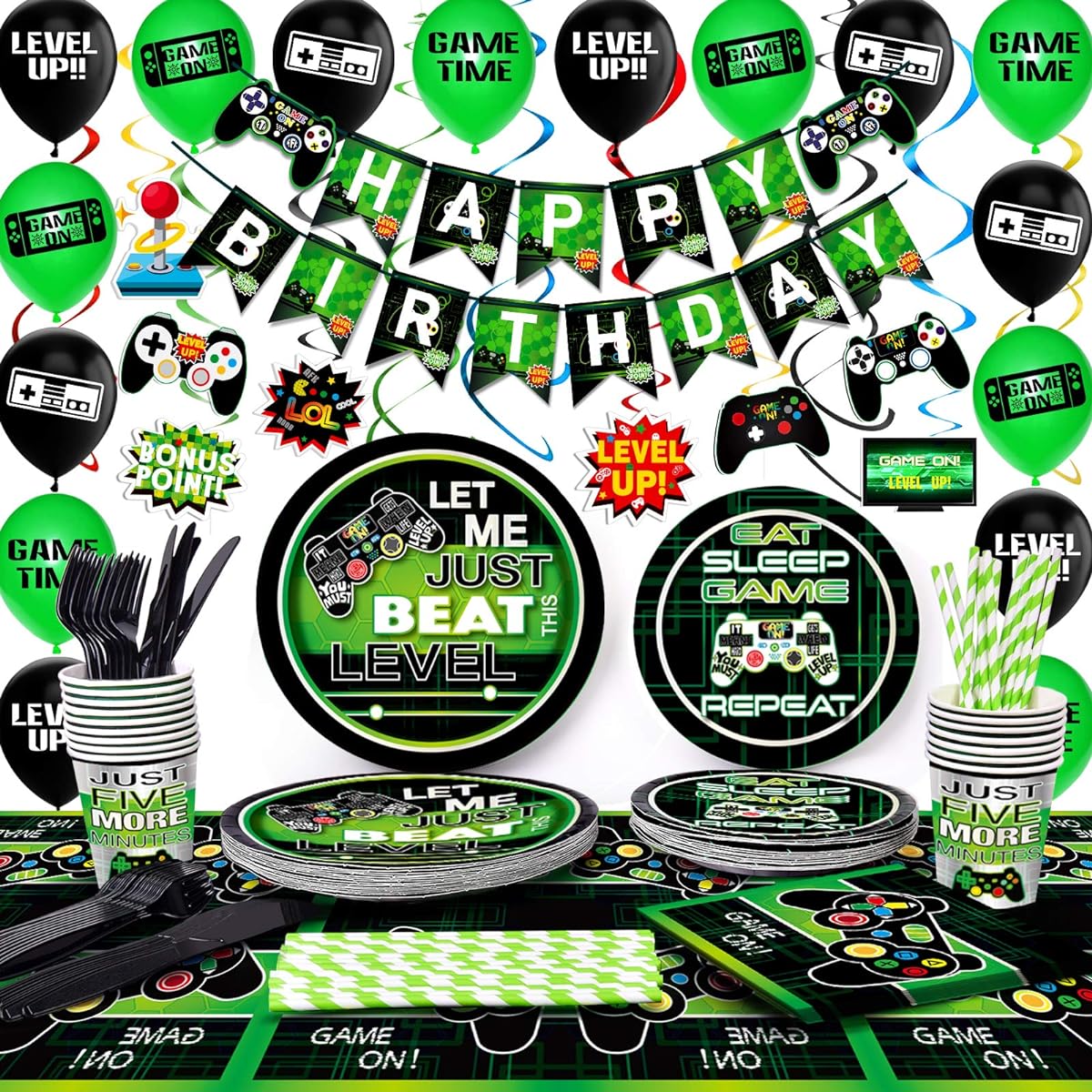 TMCCE Video Game Party Supplies Gaming Party Decorations for Boys Paper Plates Cups Napkins Straws Hanging Swirls Balloons Happy Birthday Banner for Boys Gamer Birthday Party Decorations 178pcs
