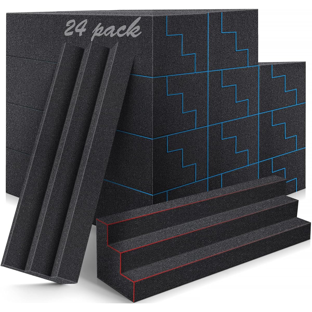 DEKIRU Acoustic Foam Bass Trap Corner Block Foam Studio Foam Soundproofing Foam Panels Noise Reduction Wall Soundproofing Pads Perfect for Studio/Home/Theater (24 Pack, 12"x3"x3", Black)