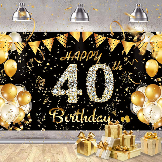 40th Birthday Backdrop Banner Black Gold 40th Birthday Banner 40th Birthday Yard Banner Sign 40th Birthday Photo Booth Backdrop Decorations Party Supplies for Indoor/Outdoor
