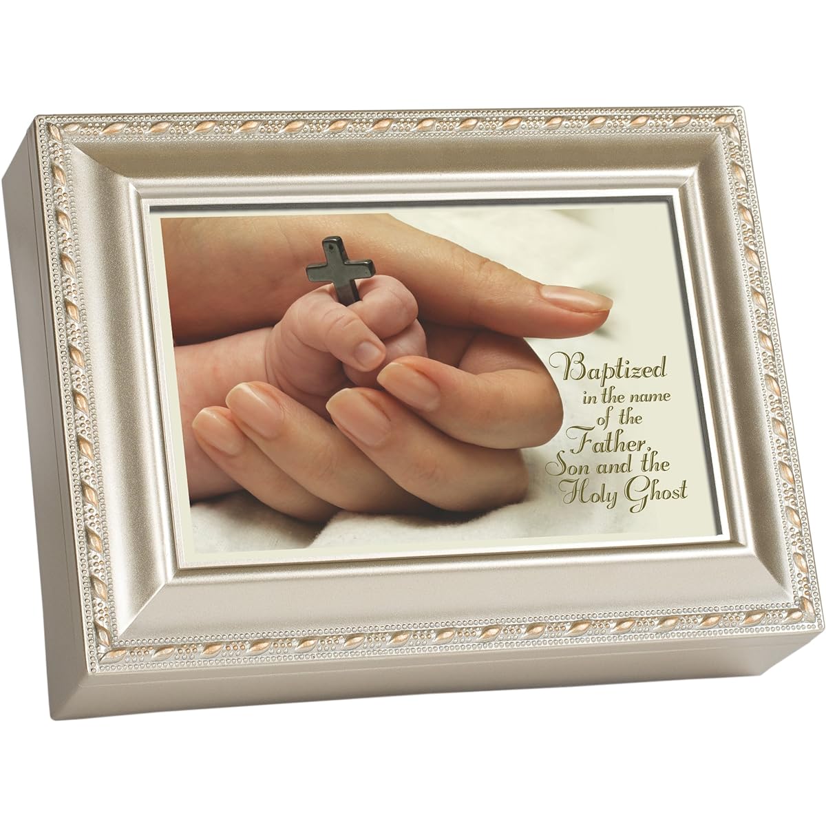 Baptized in the Name of Champagne Silver Jewelry Music Box - Plays Jesus Loves Me