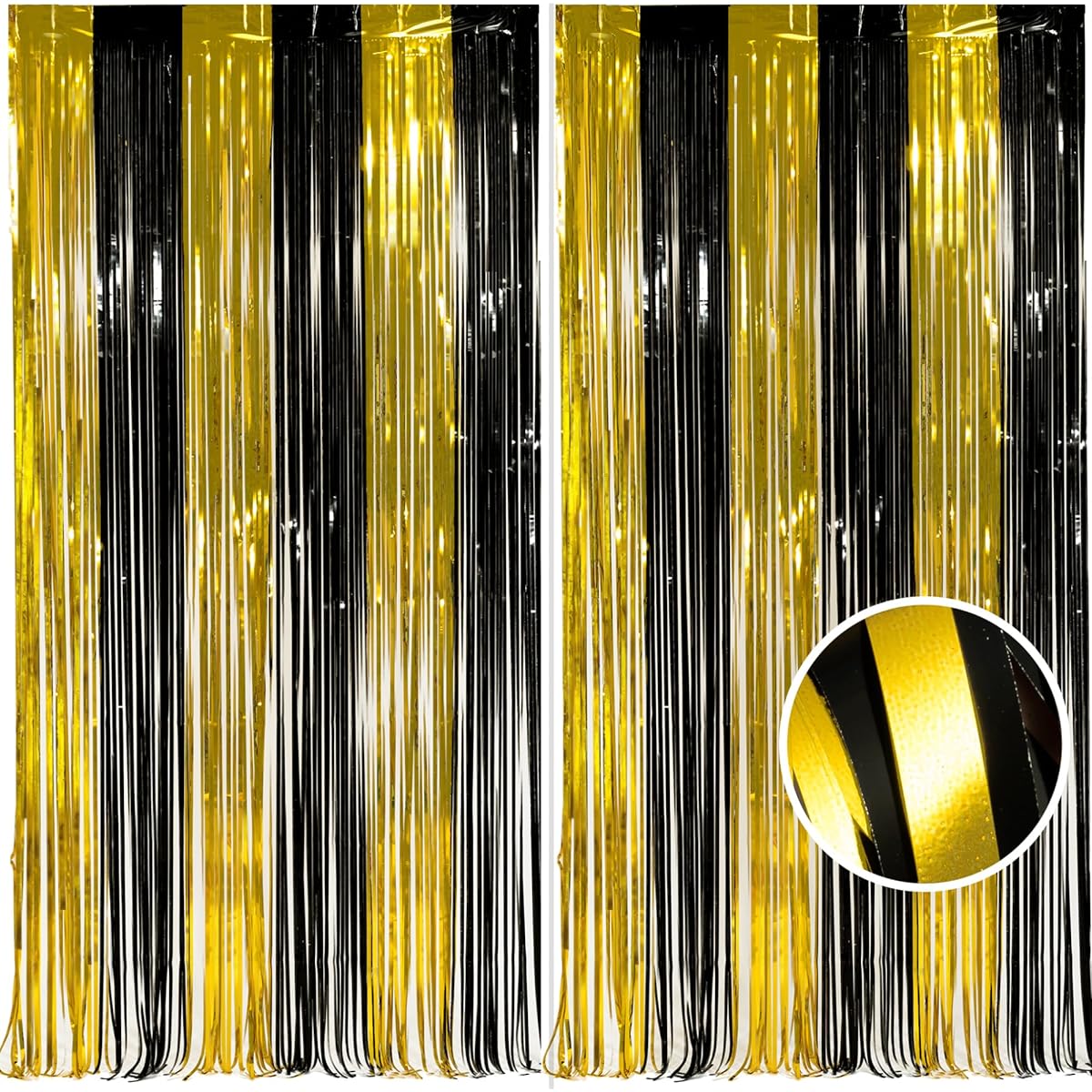 MALANKU 2 Pack Black and Gold Party Decorations - 3.3 x 8.5ft Gold Foil Fringe Curtains Black Tinsel Backdrop Photo Booth Props Birthday New Year Graduation Bachelorette Retirement Party Supplies