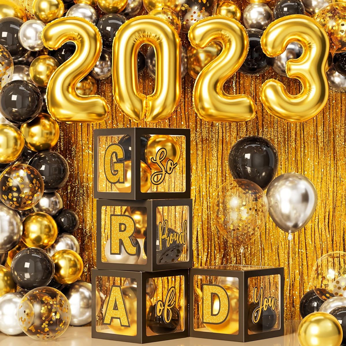 Ecomore Graduation Party Decorations Class 2023 82 Pieces College Graduation Party Supplies 2 Gold Foil Curtains 4 Graduation Balloon Boxes with Letters Balloon Garland Decoration Kit (Black & Gold)