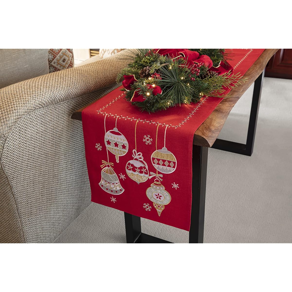 Pillow Perfect Sparkling Christmas Table Runner 72" x 16" Red