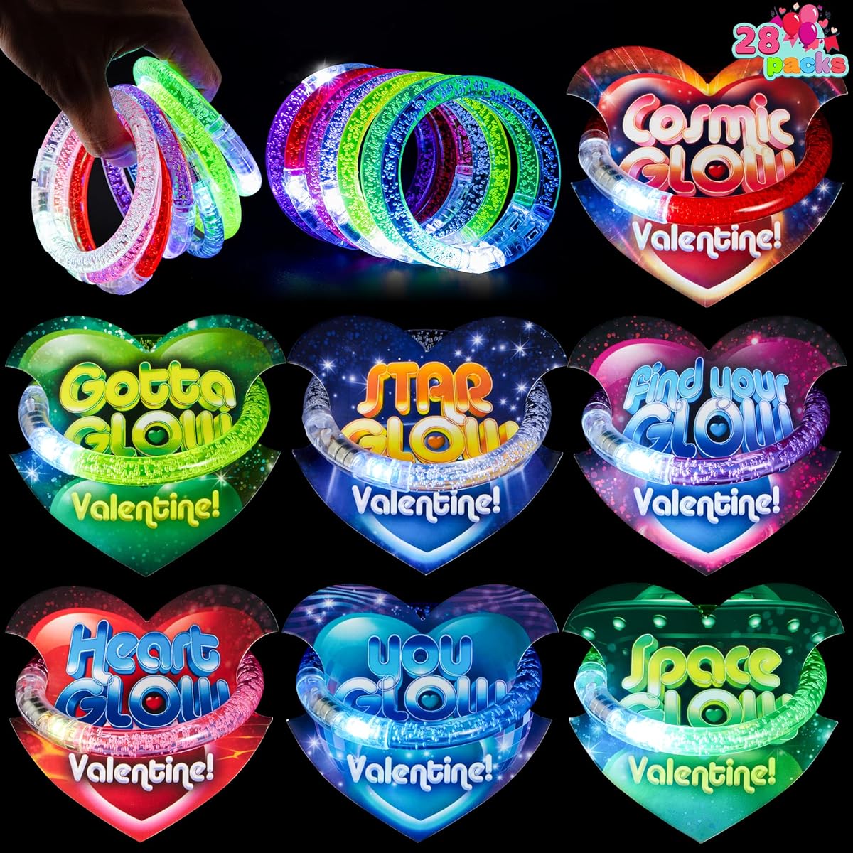 28 Pack Valentine's Day Cards Glow Stick Bracelets
