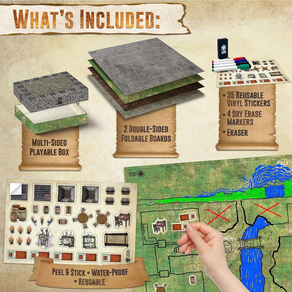 Ultimate Battle Grid Game Board - Dry Erase Square RPG Miniature Mat - Tabletop Role Playing Dice Map - Portable and Reusable Dragon Game Dungeon
