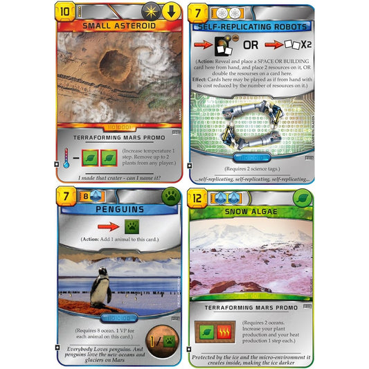 Terraforming Mars - 4 Pack Promotional Cards : Penguins, Self-Replicating, Small Asteroid, Snow Algae