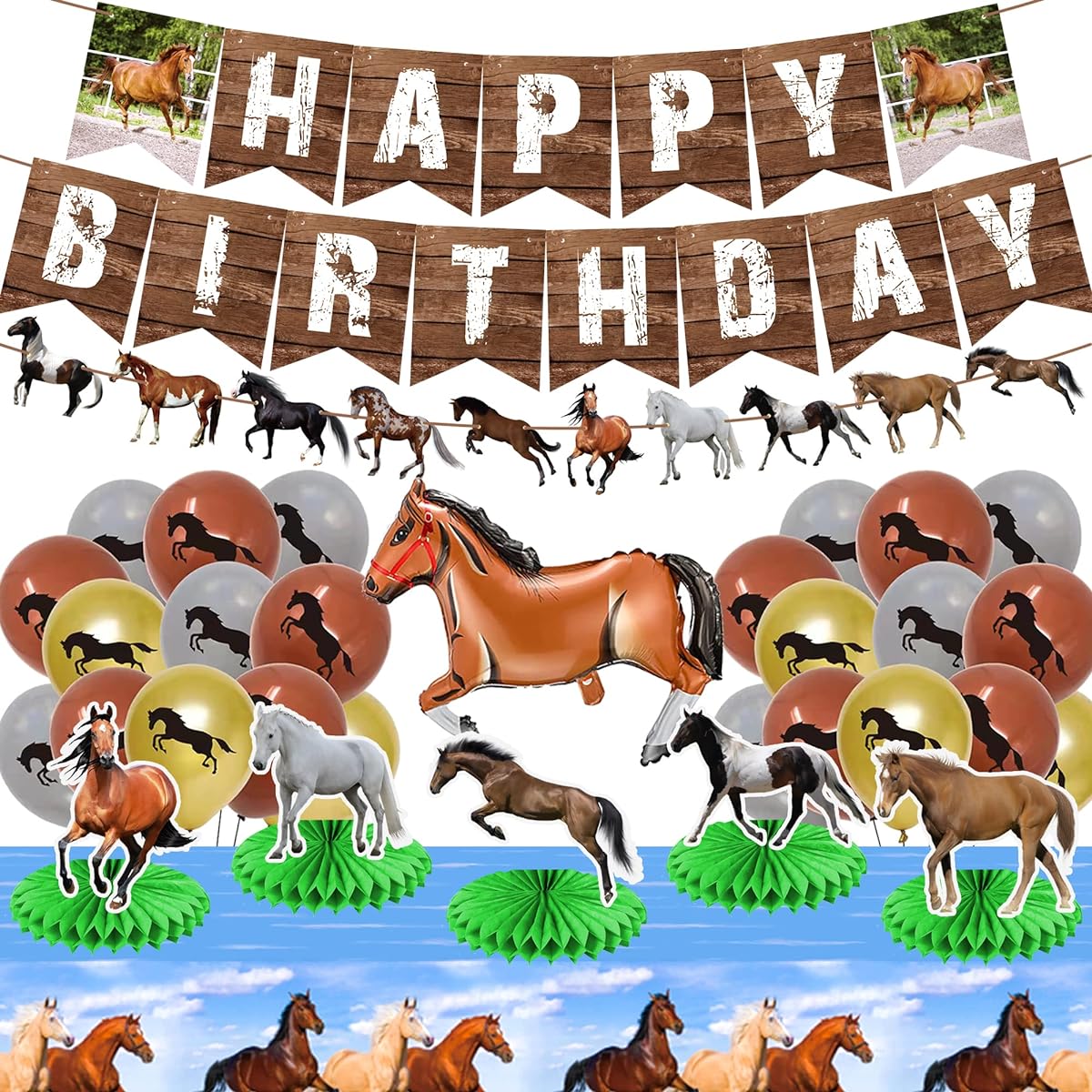 Horse Birthday Party Decorations Horse Theme Happy Birthday Banner, Foil Latex Balloons, Horse Honeycomb